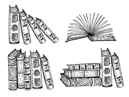 Books vector sketch collection. Pile of books. Hand drawn illustration in sketch style. Library, Books shop.のイラスト素材