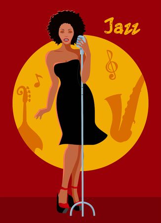 Vector colorful poster with illustration of singer and Hand drawn lettering Jazz.のイラスト素材