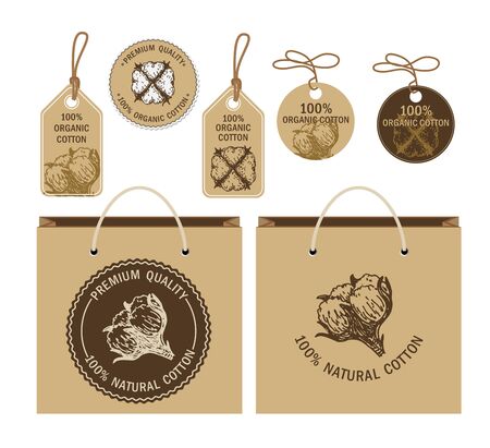 Organic cotton. Labels, eco bags, for organic cotton products.のイラスト素材