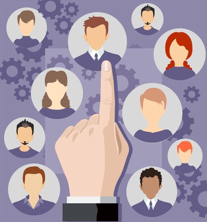 Recruitment concept. The choice of one candidate from many others. Hand zoom magnifying glass picking business person resume. Vector illustration.のイラスト素材