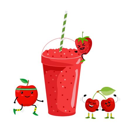 Smoothie drink. Fresh summer fruit juice. Red fruit smoothie. Cute cartoon fruits with mug. Drinking menu, healthy vegan lifestyle vector illustration.のイラスト素材