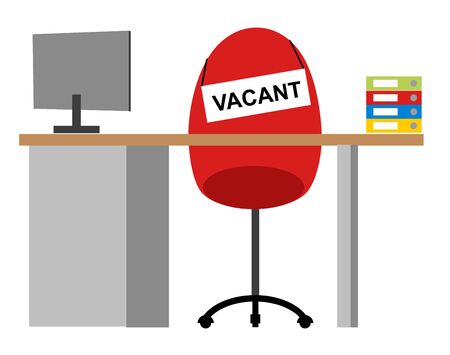 Vacancy chair sign in for job applicants. Empty place for candidates, vacant post announcement, hiring at unoccupied company position, free workplace. Recruitment agency vector conceptのイラスト素材