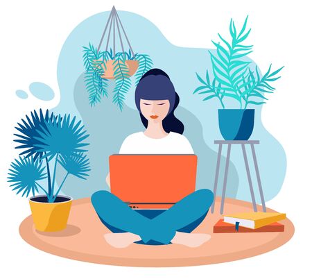 Girl with laptop sitting on the floor among domestic plants. Remote online distance education. Home schooling. Stay at home. Freelance or studying concept. Cute illustration in flat style.のイラスト素材