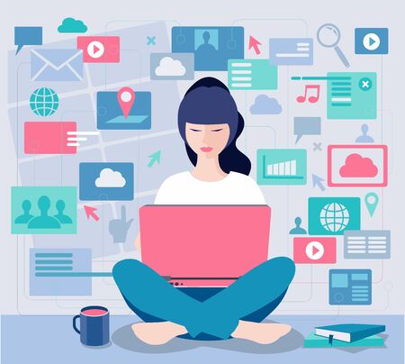 Young woman working with laptop. Vector illustration of student working process sitting at home. Educational of young people learning and studying indoor. Student with laptop books are nearbのイラスト素材