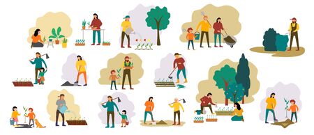 People gardening. Woman planting gardens flowers, agriculture gardener hobby and garden job. Gardening person, gardener flowers cutter working. Family works in the garden. Flat vector icons setのイラスト素材