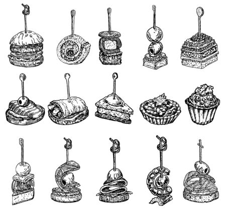 Finger food sketch. Tapas vector drawings illustration. Tapas and canapes sketch set. Food appetizer and snack sketch. Canapes, bruschetta, sandwich drawing for buffet, restaurant, catering service.のイラスト素材