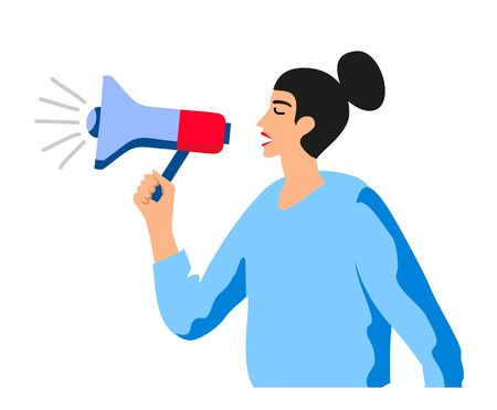 A woman shouts in megaphone. Lady boss with bullhorn. Manager or team leader with megaphone. Isolated female yell vector illustration. Protesting woman.のイラスト素材