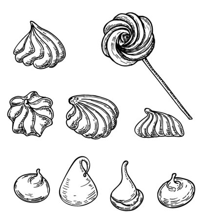 Meringue cookies sketch isolated on white background. French dessert meringue. French pastries . Food menu design template. Hand drawn sketch vector illustration.のイラスト素材