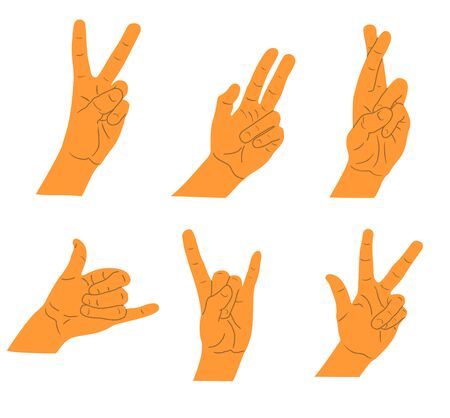Hand gestures in different positions isolated on white background. Vector hands showing and pointing, holding and representing. Colored hand gesture set.のイラスト素材