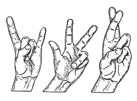 Hand gestures in different positions sketch. Different gestures of human hands isolated on a white background. Hand actions.のイラスト素材