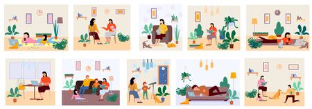 People at home leisure or recreation. Man and woman reading book, notebook. Family evenings, activities with children, watching TV. Female talking. Family lifestyle and relaxation, together activityのイラスト素材