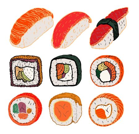 Sushi rolls flat food and japanese seafood sushi rolls. Sushi rolls traditional seaweed fresh raw food. Asian cuisine restaurant delicious. Set of sushi roll.のイラスト素材