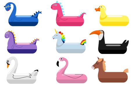 Animals pool float rings. Kids swimming rings with animal heads. Baby water floating duck and flamingo, dinosaurs, swans, unicorns lifebuoys, children cartoon sea party toys, vector illustrationのイラスト素材