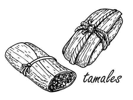 Hand drawn sketch style traditional mexican food tamales. Hand drawn sketch vector illustration. Retro craft mexican cuisine vector illustration. For restaurant menu designs, flyers and banners.のイラスト素材