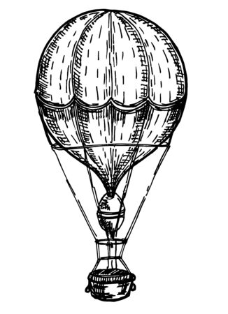 Illustration of aerostat in vintage engraved style. Hot air balloon. Ink sketch of aerostat isolated on white background. Hand drawn vector illustrationのイラスト素材