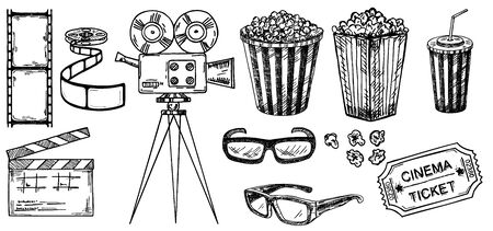 Cinema sketch collection. Hand drawn vector illustrations. Movie and film elements in sketch style. For posters, banners, flyers, advertising, billboards. 3D glasses, popcorn, movie ticketsのイラスト素材