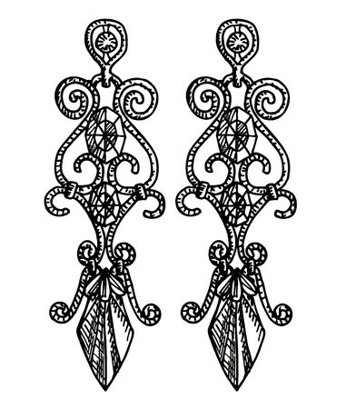 Hand drawn earrings. Stylish jewelry, vector sketch illustration. Long earrings with precious stonesのイラスト素材