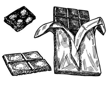 Hand drawn vector sketch of chocolate isolated on a white. Old engraving imitation. Chocolate hand drawn sketch imitation. Whole chocolate and piecesのイラスト素材