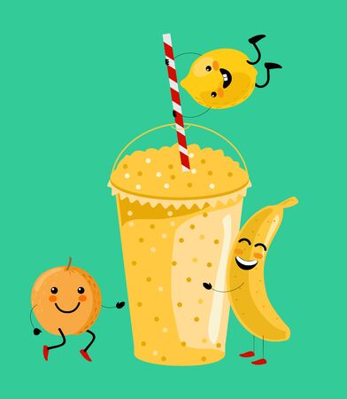 Yellow banana, orange, lemon smoothie vitamin drink vector illustration. Cute cartoon fruits with mug. Tasty natural fruit, straw and glass with yellow layer of smoothie cocktail.のイラスト素材
