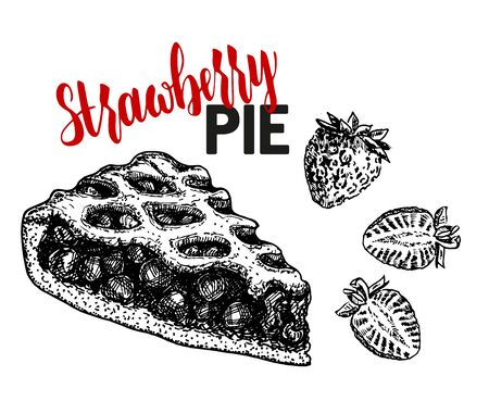 Pie with wild strawberries. Berry pie and ripe strawberries. Vector sketch illustration.のイラスト素材