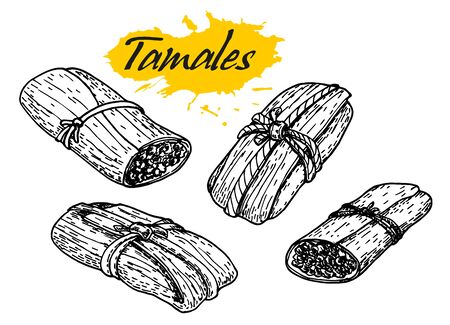 Traditional mexican food tamales. Hand drawn sketch style vector illustration. Best for restaurant menu designs, flyers and banners. Vintage Mexican cuisine bannerのイラスト素材
