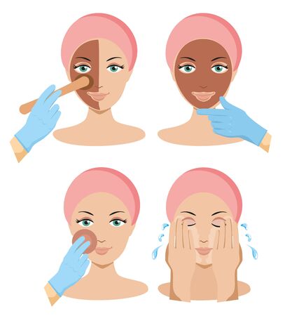 Beauty fashion girl apply different facial masks. Stages of applying a face mask. Flat vector illustration on white background.のイラスト素材