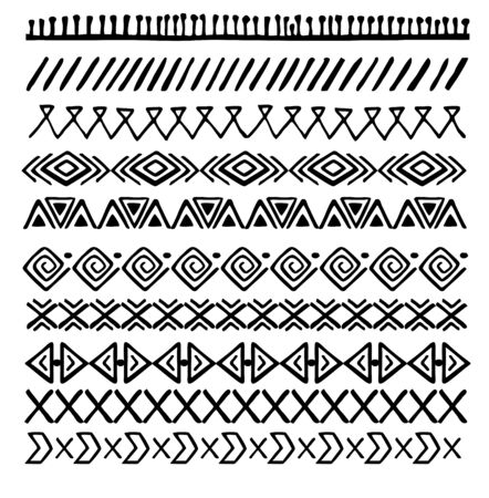 Striped ethnic seamless pattern with dots, triangles, stripes, squares. Tribal linear geometrical background. Vector illustration.のイラスト素材