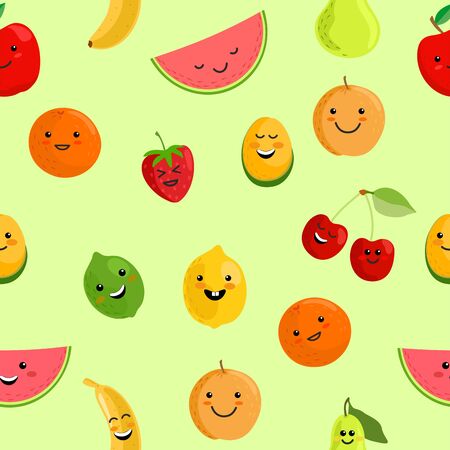 Fruits seamless pattern. Cute summer seamless vector pattern background illustration with fresh fruits. Cute fruit characters. Funny Fruits for kids.のイラスト素材