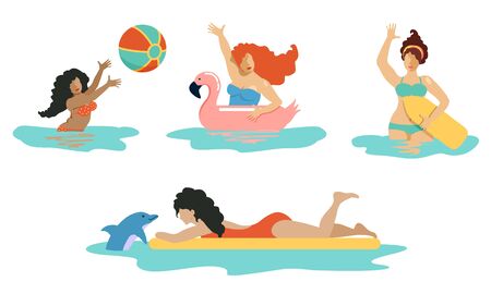 Summer activity in the sea or pool. Hand drawn vector cartoon summer time fun swimming girl collection. Illustrations set isolated on blue ocean waves.のイラスト素材
