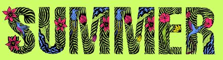 Summer banner. Trendy texture. Season vocation, weekend. Summer Time Wallpaper. Summer vector Lettering text. Leaves and flowers of tropical plants, exotic birds, sea waves.のイラスト素材
