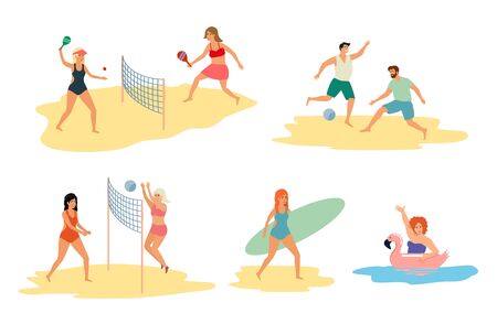 Set of people performing summer activity and leisure outdoor activities at beach, in sea or ocean - playing games, surfing, swim in the sea. Colorful flat cartoon vector illustration.のイラスト素材