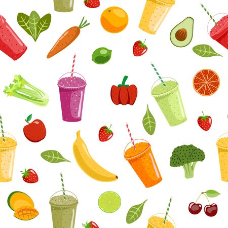 Smoothies and fruits seamless pattern. Cute summer seamless vector pattern background illustration with smoothies and fresh fruitsのイラスト素材