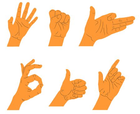 Hand vector collection, Hands illustration, hand positions, different hand colors, different hands. Different hands gestures of human line icons set. Pictograms for web page, mobile app, promoのイラスト素材