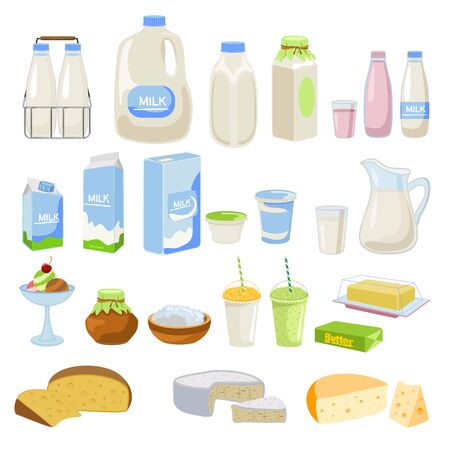 Dairy products, milk, butter, cheese, yogurt, cottage cheese, sour cream, ice cream, cream, isolated on white Cheese and milk food healthyのイラスト素材