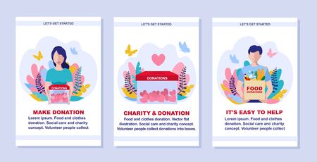 Donation and volunteers work concept illustration set. For banner, mobile app, landing page. Donate, giving money and love. Modern vector illustration, flat style designのイラスト素材