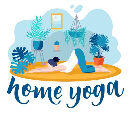 Young woman in yoga posture and meditating. Girl performing yoga exercise, meditation and relaxation at home. Physical and spiritual practice. Vector illustration in flat cartoon style.のイラスト素材