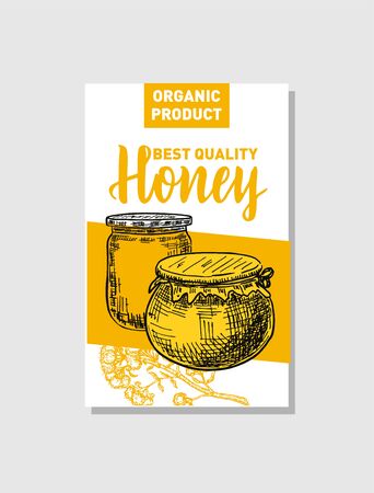 Vector sketch honey poster. Hand drawn vintage style Illustrations. Card design template. Retro background.のイラスト素材