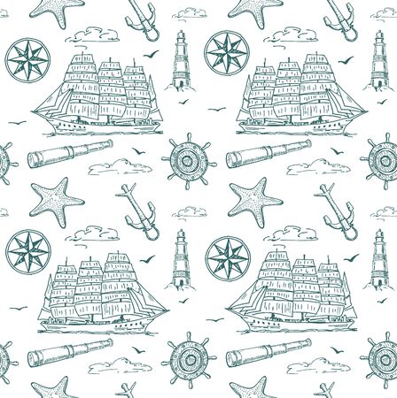 Nautical elements seamless pattern. Sea background. Marine pattern for fabric, baby clothes, background, textile, wrapping paper and other decoration. Vector illustrationのイラスト素材