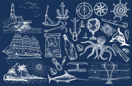 Nautical hand drawn vector set. Sailing sketch. Vector marine objects. Hand drawn isolated sailing attributes compass, sailing ship, message in a bottle, lighthouse, palm trees, coast, spyglass.のイラスト素材