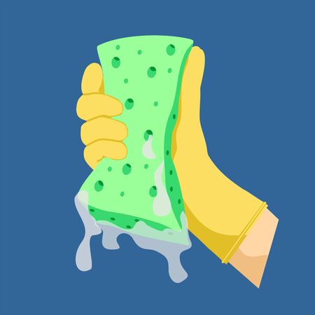 Vector Illustration of a Sponge. Washing Dishes in Hand, Dishwashing or surfaces. Scrub green Sponge. Hand in a yellow glove holding a green sponge. Concept of cleaningのイラスト素材