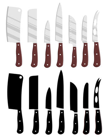 Cartoon kitchen knives and Kitchen knives black silhouettes. Isolated chef cook drawing knife set, butcher knives tools vector illustration isolated on white background. Restaurant knives for workのイラスト素材