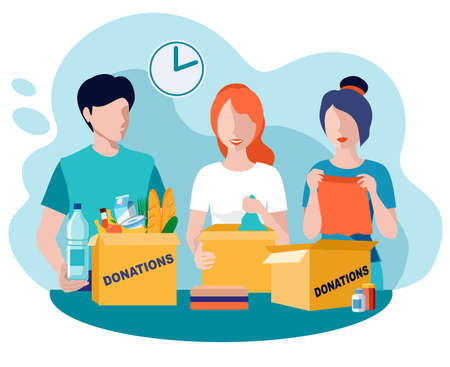Donations and charity. Food and clothes donation. Vector flat illustration. Social care and charity concept. Volunteer people collect donations into boxes. Vector volunteering conceptのイラスト素材