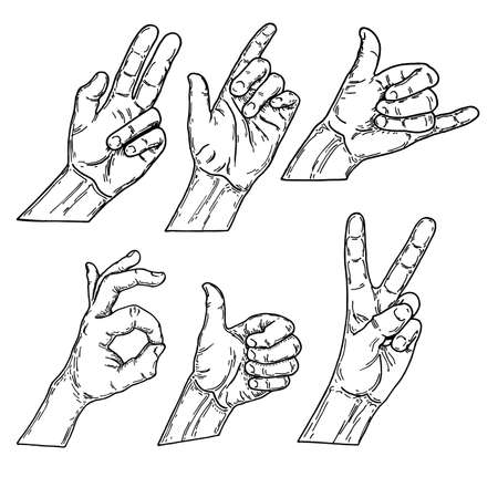 Set of paths drawing hand gestures, sketch vector illustration. Hand drawn vector sketch collection of hand gesturesのイラスト素材