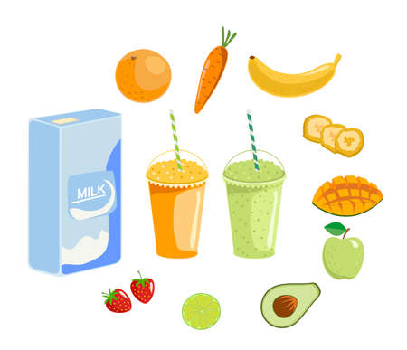 Fruit smoothies, fruits and berries smoothie cup with fresh fruit and milk isolated on white background flat illustrationのイラスト素材