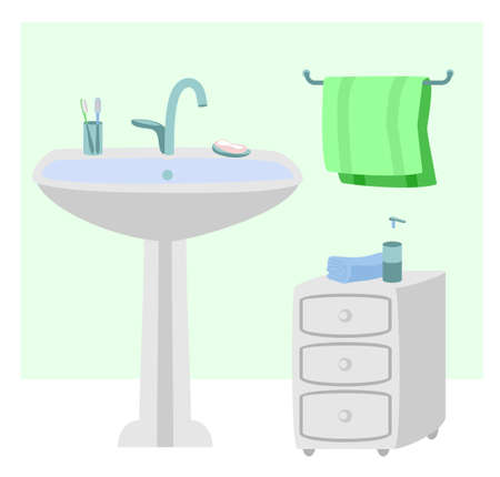 Sanitary room with sink, towels illustration. Interior of bathroom. Hygiene, a place for washing hands. Vector flat illustrationのイラスト素材