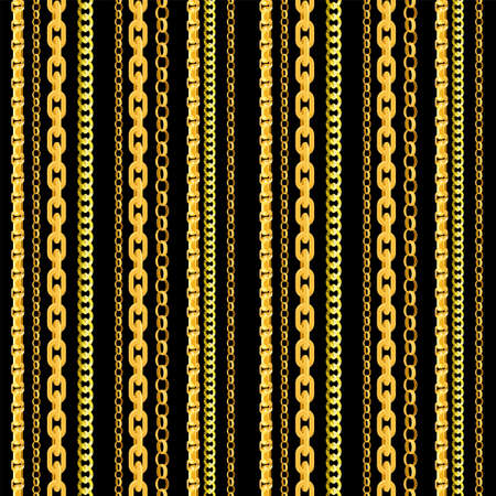 Seamless chain pattern. Gold chains elements, vector golden jewellery endless objects for necklaces and chains isolated on black backgroundのイラスト素材