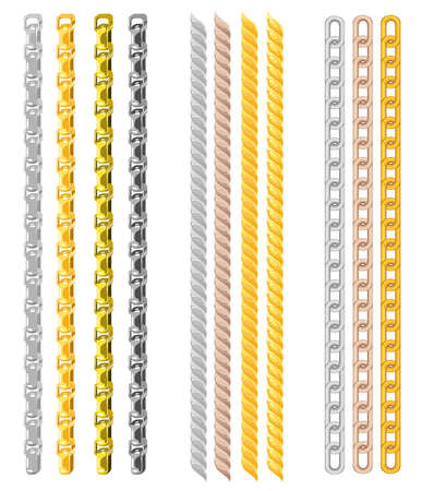 Set of chains made of different metals isolated on white. Gold and silver chains elements, vector golden jewellery endless objects for necklaces and chains isolated on white background. Chain borders.のイラスト素材