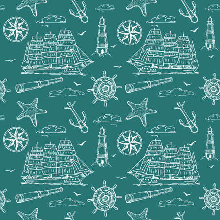Seamless pattern with sailboat, anchor, steering wheel and lifebuoy. Marine pattern for fabric, clothes, background, textile, wrapping paper and other decoration.Vector sketch illustration.のイラスト素材