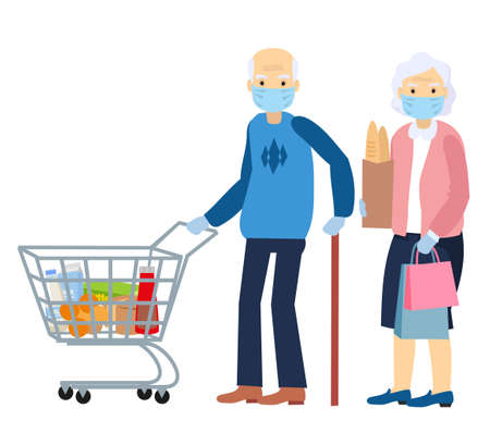 An elderly man and an elderly woman is in a grocery store, wear a mask. Protective measures under the conditions of coronavirus pandemic. Masked grandparents vector flat cartoon character isolated.のイラスト素材