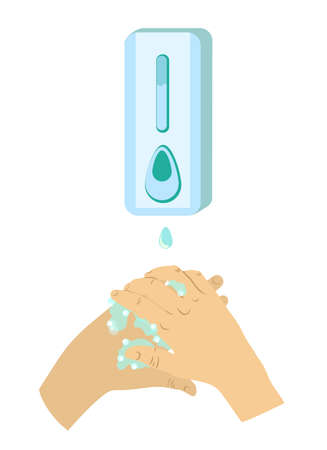 Washing hands with soap vector sign. Washing hands with soap to prevent virus and bacteria.Vector illustration. Isolated on white background. Liquid soap in hand wash dispenserのイラスト素材